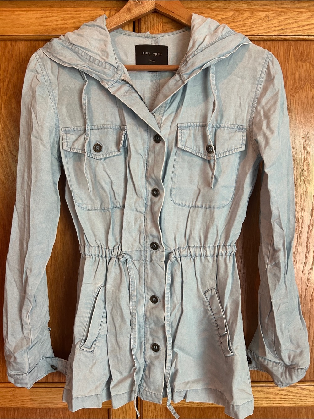 Love Tree Pale Blue Hooded Drawstring Utility Jacket